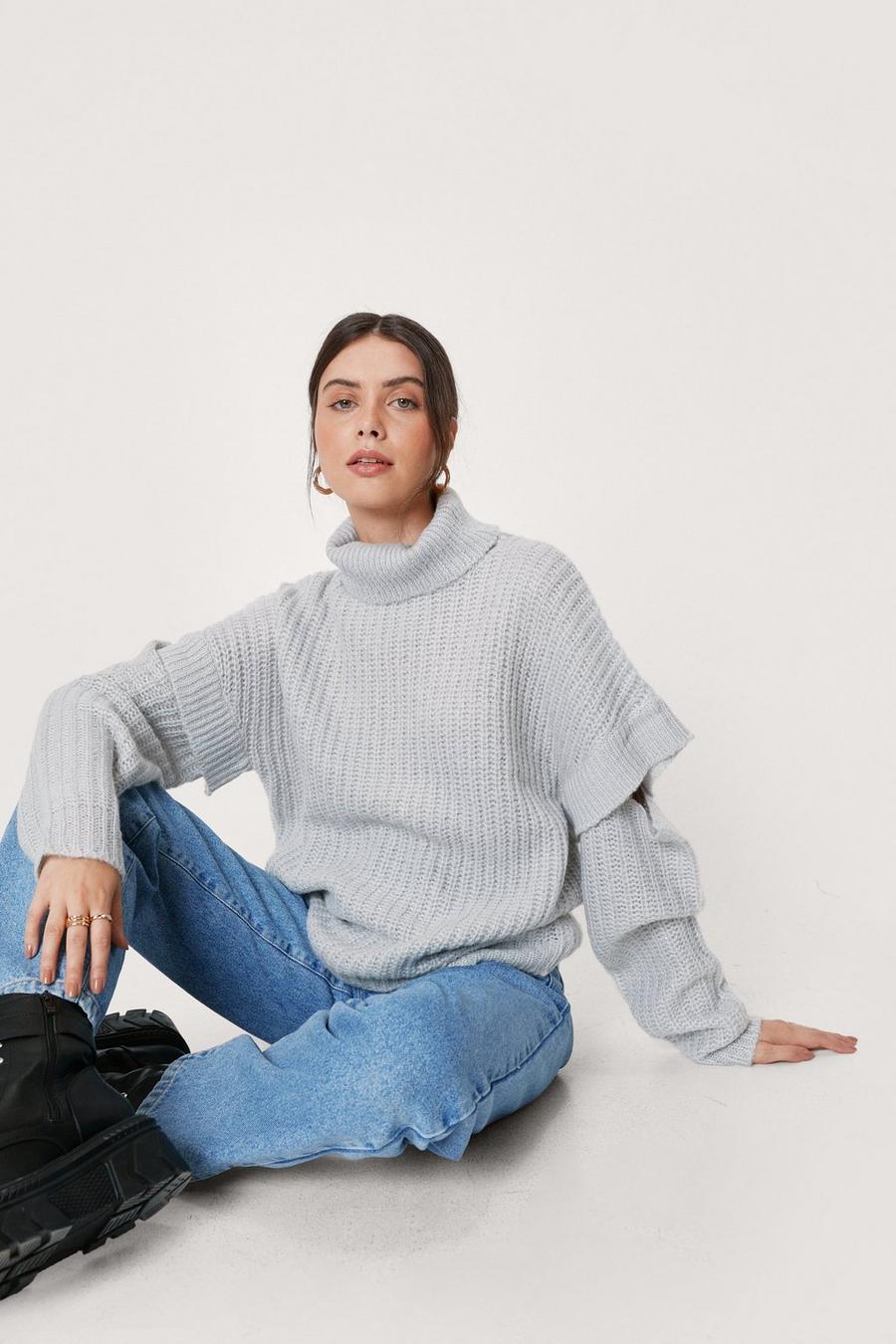 Knitted Turtleneck Cut Out Sleeve Sweater
